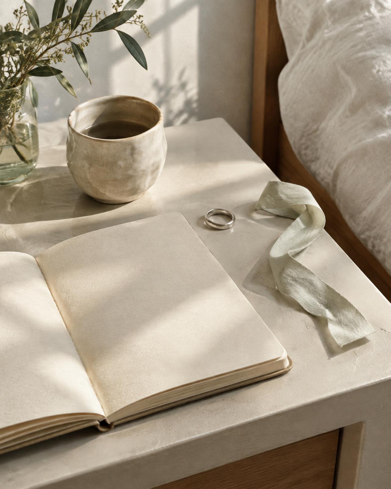 A quiet morning still life with an open notebook, ceramic cup, silver ring, and soft greenery